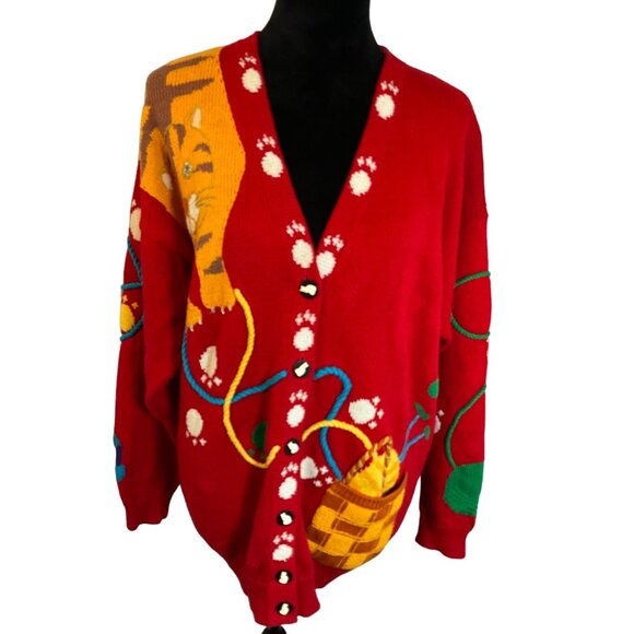 Berer2 Whimsical Cats Red Knit Cardigan Sweater - Button-Up - Size Medium Cat Bu - Picture 1 of 7